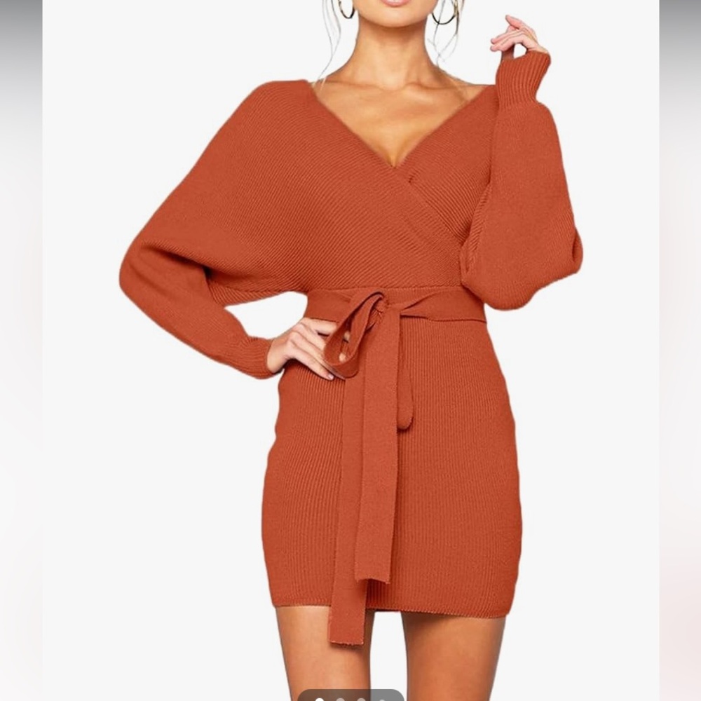 Rust orange Bat-Wing Mini Fall Sweater dress with belt NEVER WORN